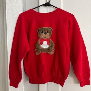 Vintage 90s Whispers Teddy Bear Red Raglan Sweatshirt Fur 3D Applique Womens XS